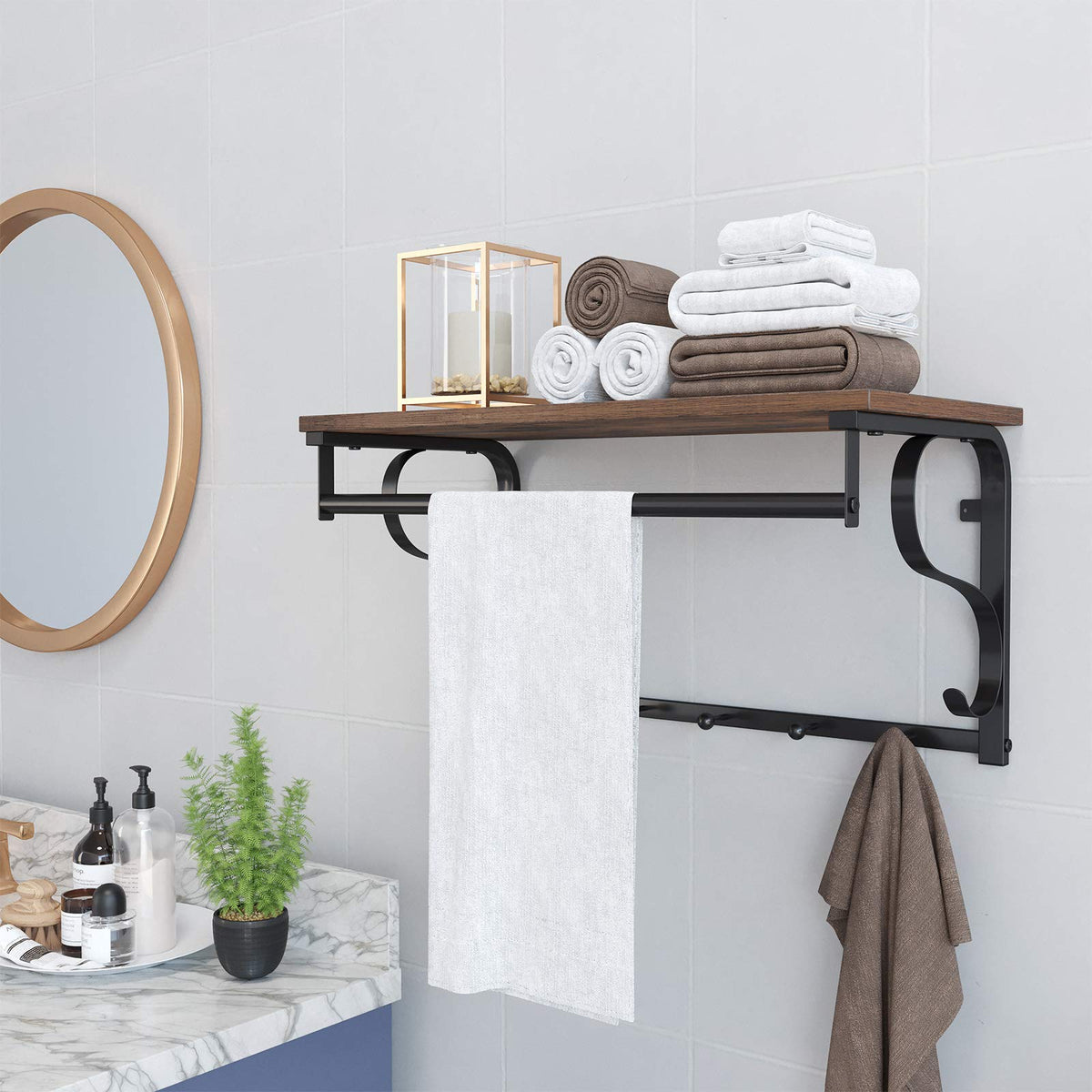 3 in 1 Wall Coat Rack with Shelf, Hanging Rail and 5 Hooks, Rustic Brown