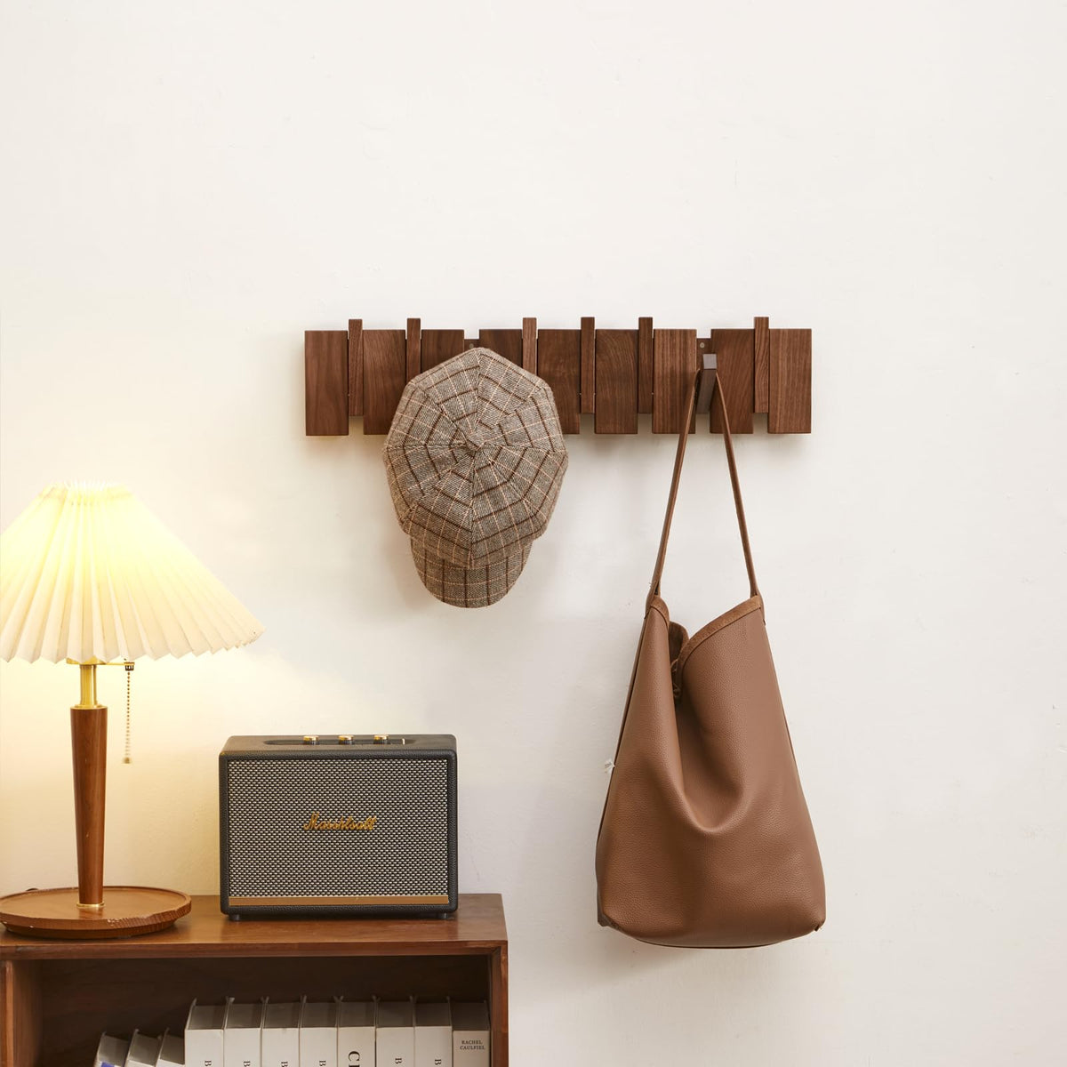 Piano Key Coat Rack, 6 Flip-Down Hooks, Natural Wood Wall Mount
