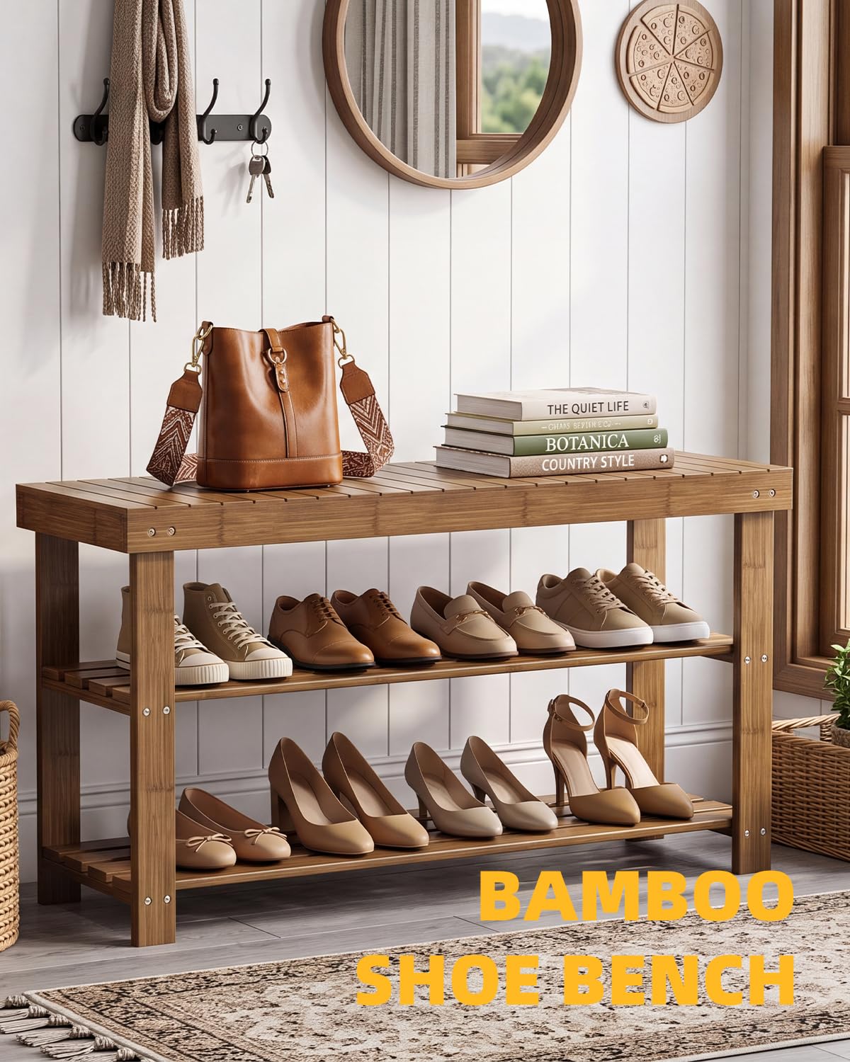 Walnut Bamboo Shoe Bench, 3 Tiers, 33.9 Inch Wide