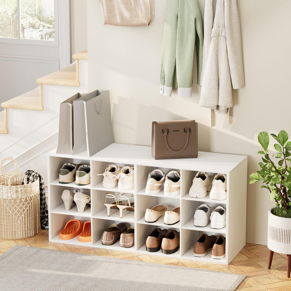 White 12-Cubby Shoe Bench, 3 Tiers, 36.22 Inch