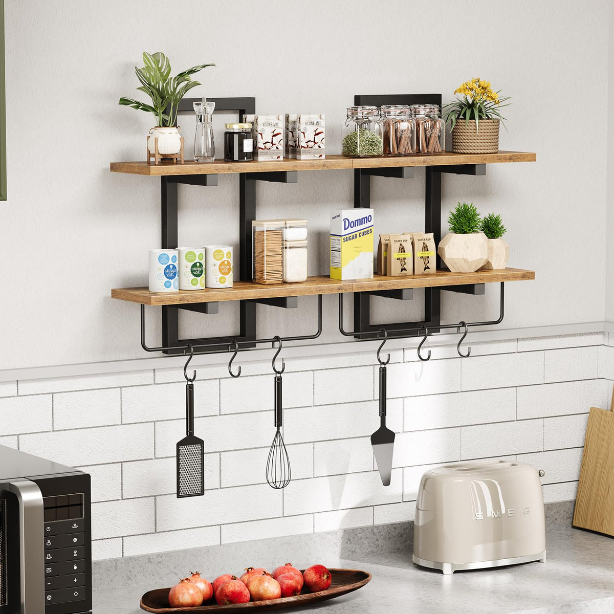 2 Tier Hanging Wall Shelves with 6 Hooks, Set of 2, Rustic Brown