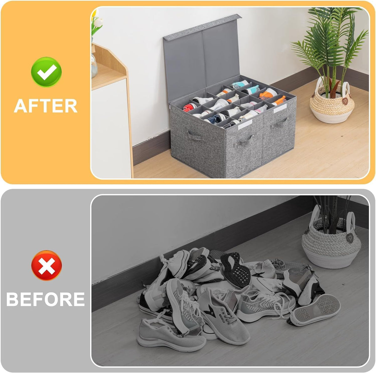 Fabric Shoe Storage Box with Lid, Holds 16 Pairs, Grey