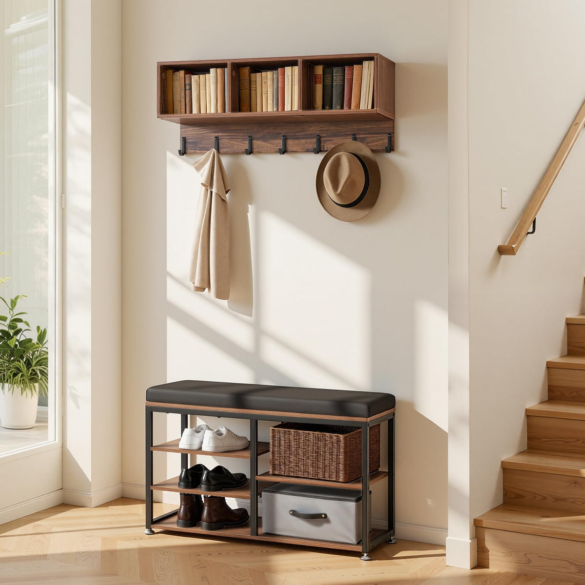 3-in-1 Hall Tree with Shoe Bench, 7 Hooks and Shelf, Oak and Black