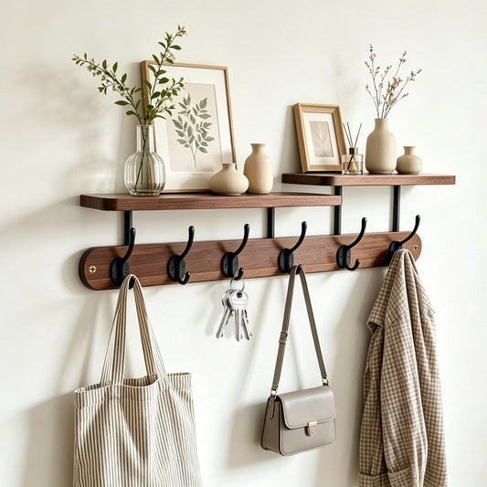 Solid Wood Coat Rack with 2 Tier Shelf, 23 Inch, 6 Dual Hooks, Dark