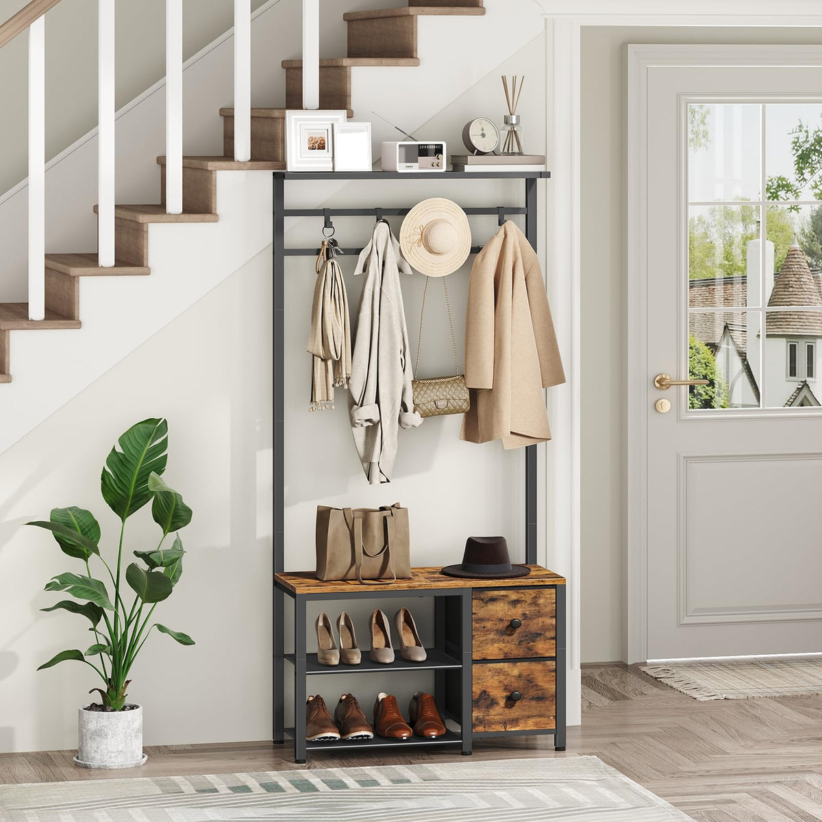 5-in-1 Hall Tree with Bench, 2 Drawers and 8 Sliding Hooks, Rustic Brown