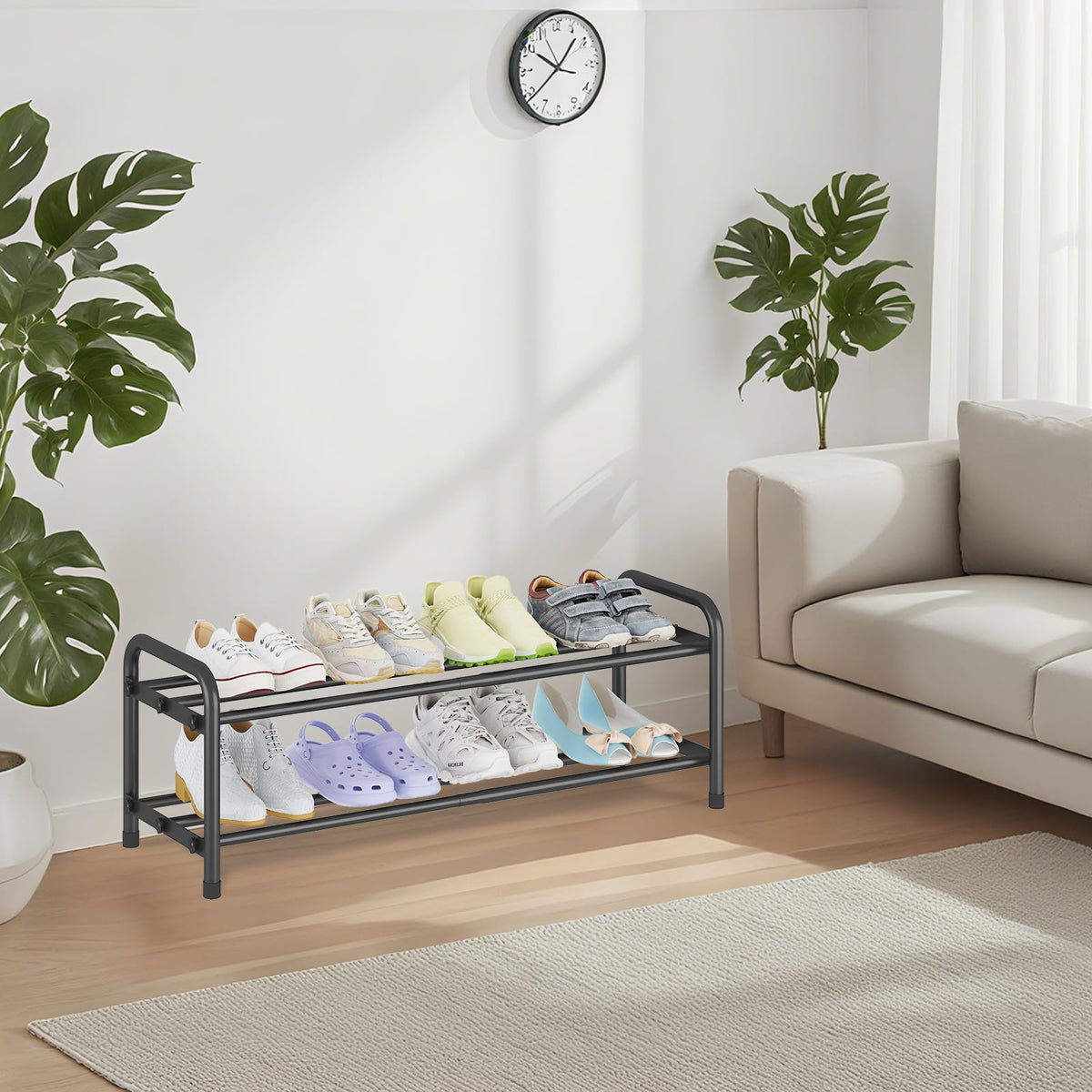 Small Expandable Shoe Rack, 2 Tier Black Stainless Steel, No Tools