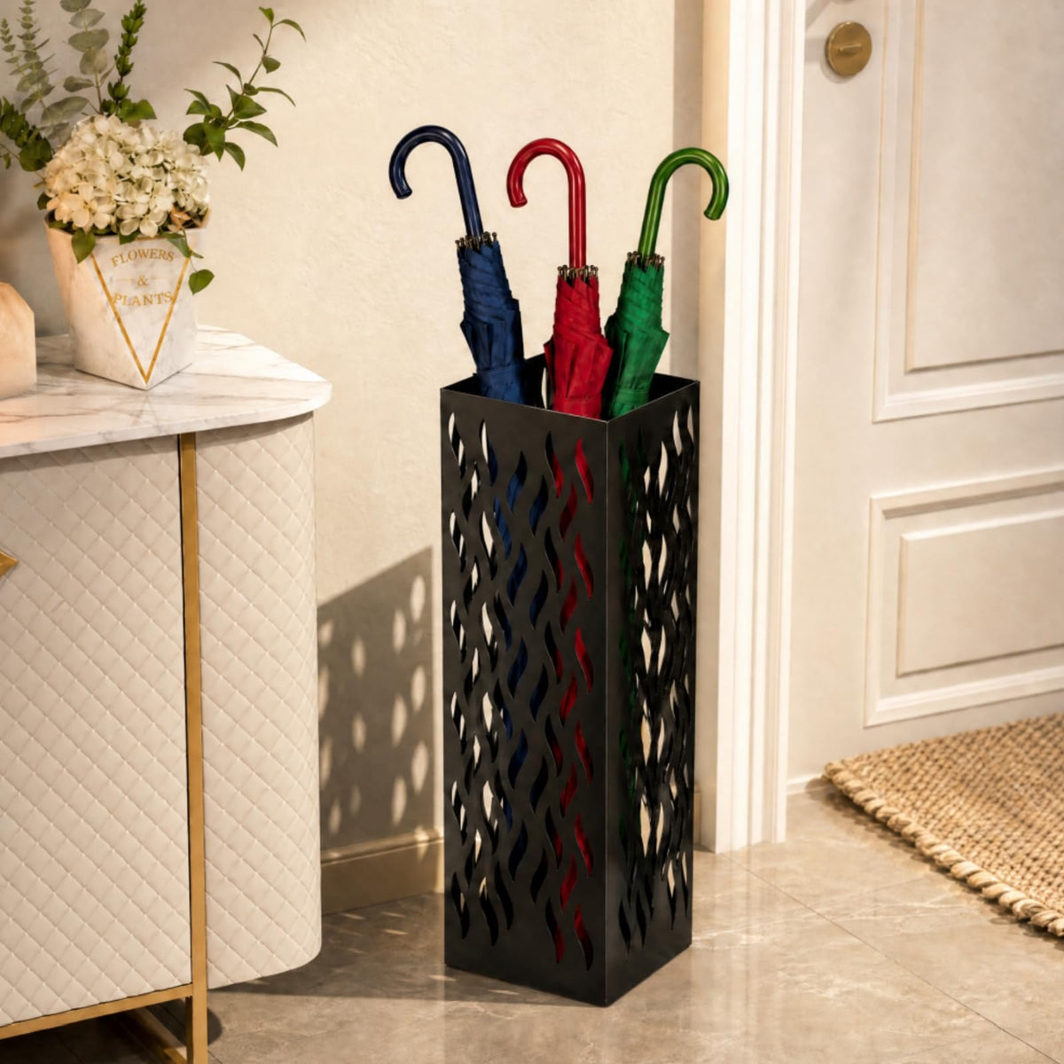 Square Weighted Umbrella Holder, Black Steel, 15.7 Inch Tall