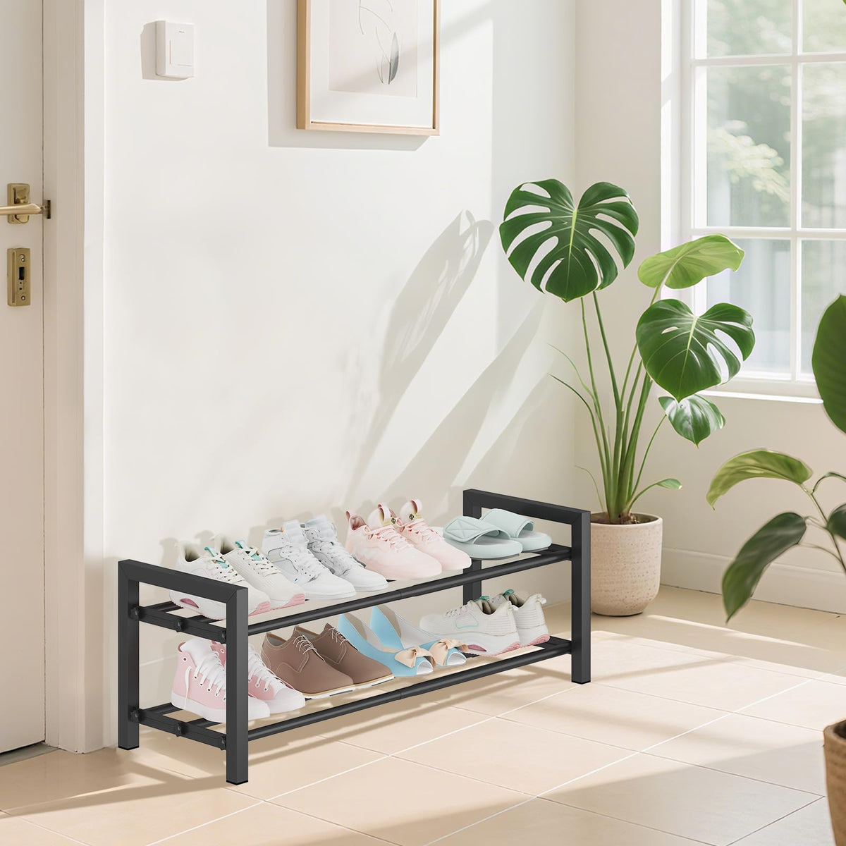 2 Tier Expandable Shoe Rack, Adjustable 17.5 to 30.7 Inch, Black Metal