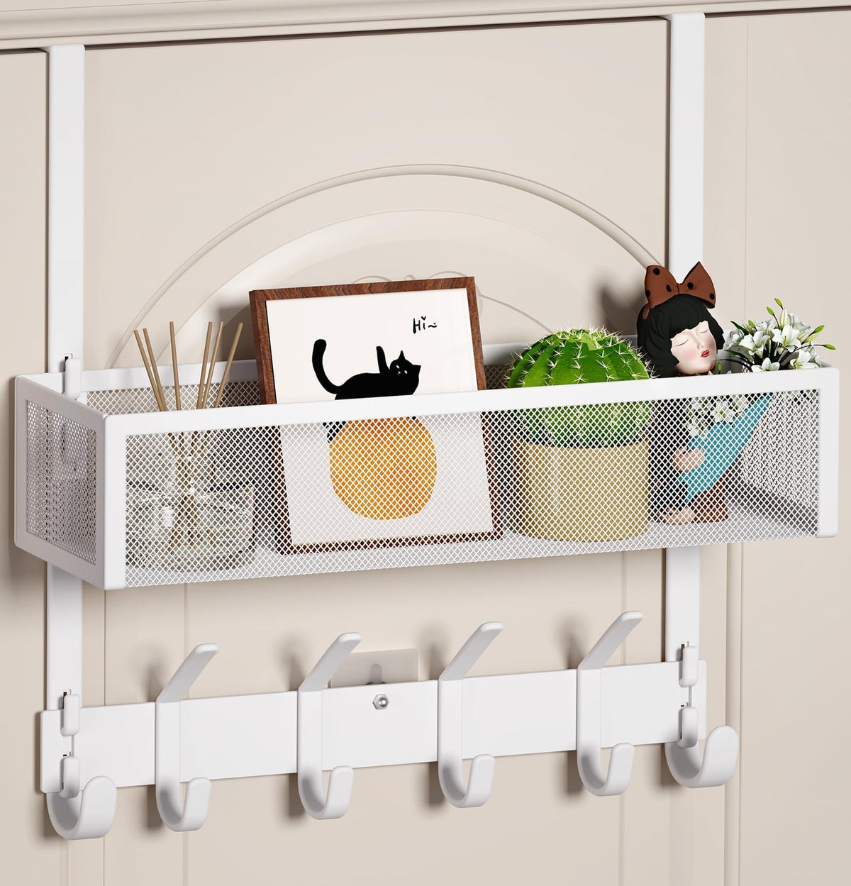 White Over the Door Hook Rack with Basket, 10 Flat Hooks, Holds 60 lb