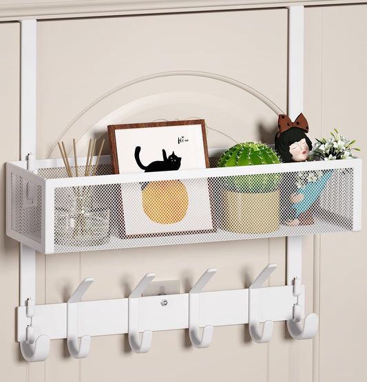 White Over the Door Hook Rack with Basket, 10 Flat Hooks, Holds 60 lb