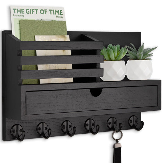 Large Key Holder with Mail Slot and Drawer, 13.8 Inch, 6 Hooks, Black