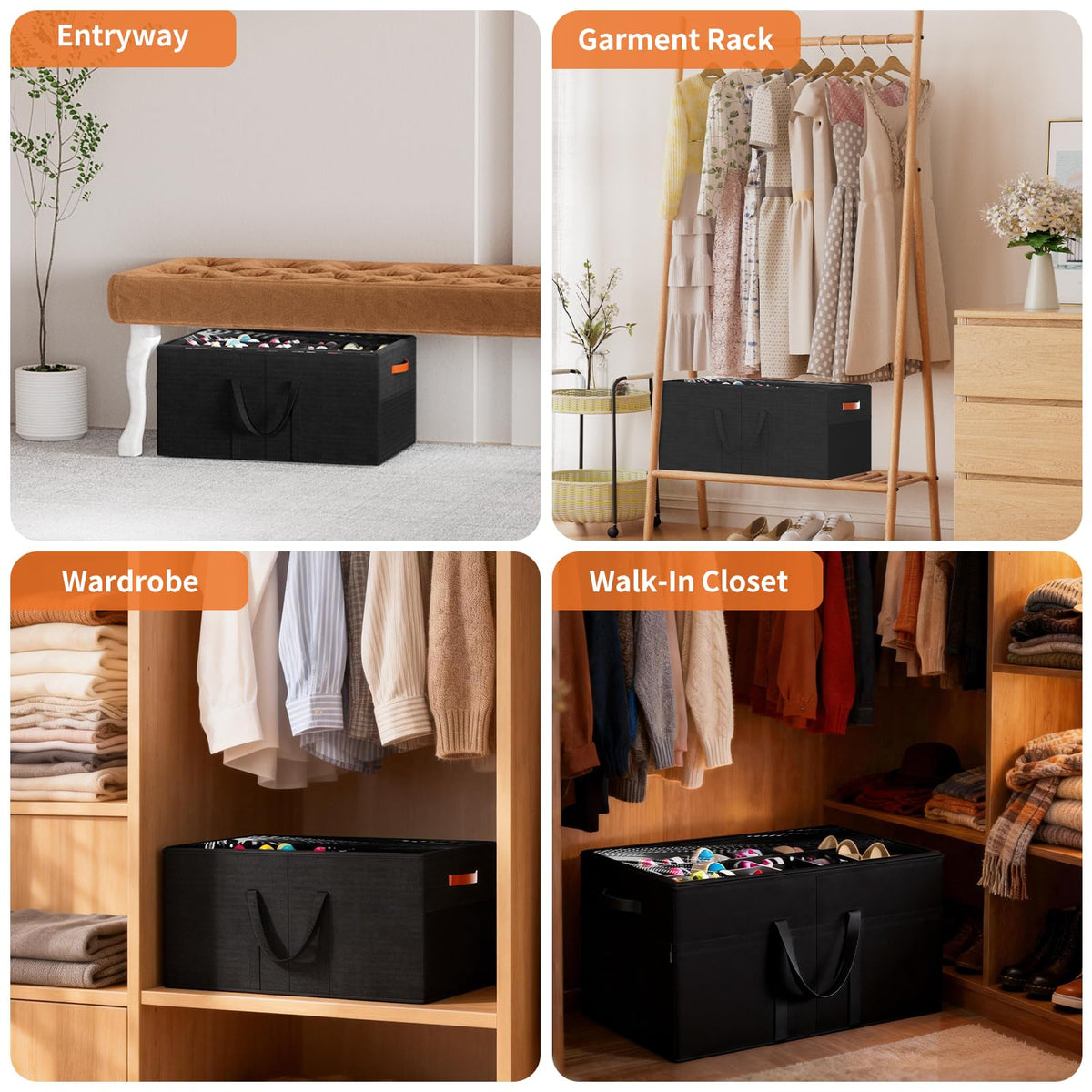 Large Fabric Shoe Storage Boxes, 2 Pack, Black Foldable Bins