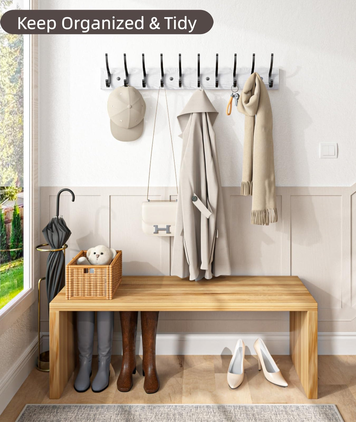 Wooden Wall Coat Rack, 2 Pack, 10 Double Hooks, 16.5 Inch Each