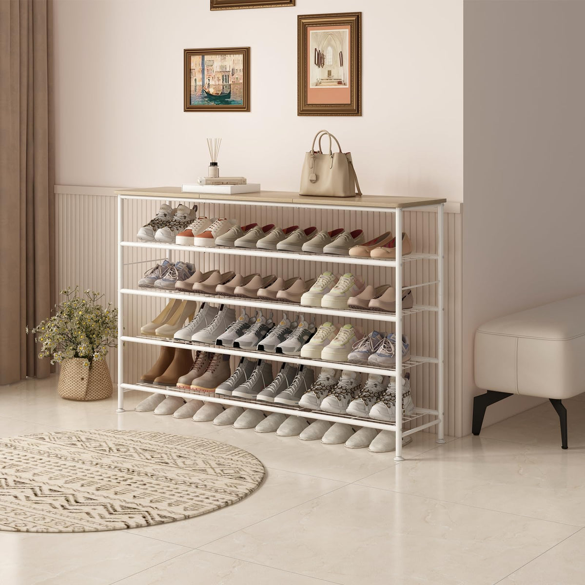 Extra Long 5 Tier Shoe Rack, 47.2 Inch, White and Oak with Wood Top