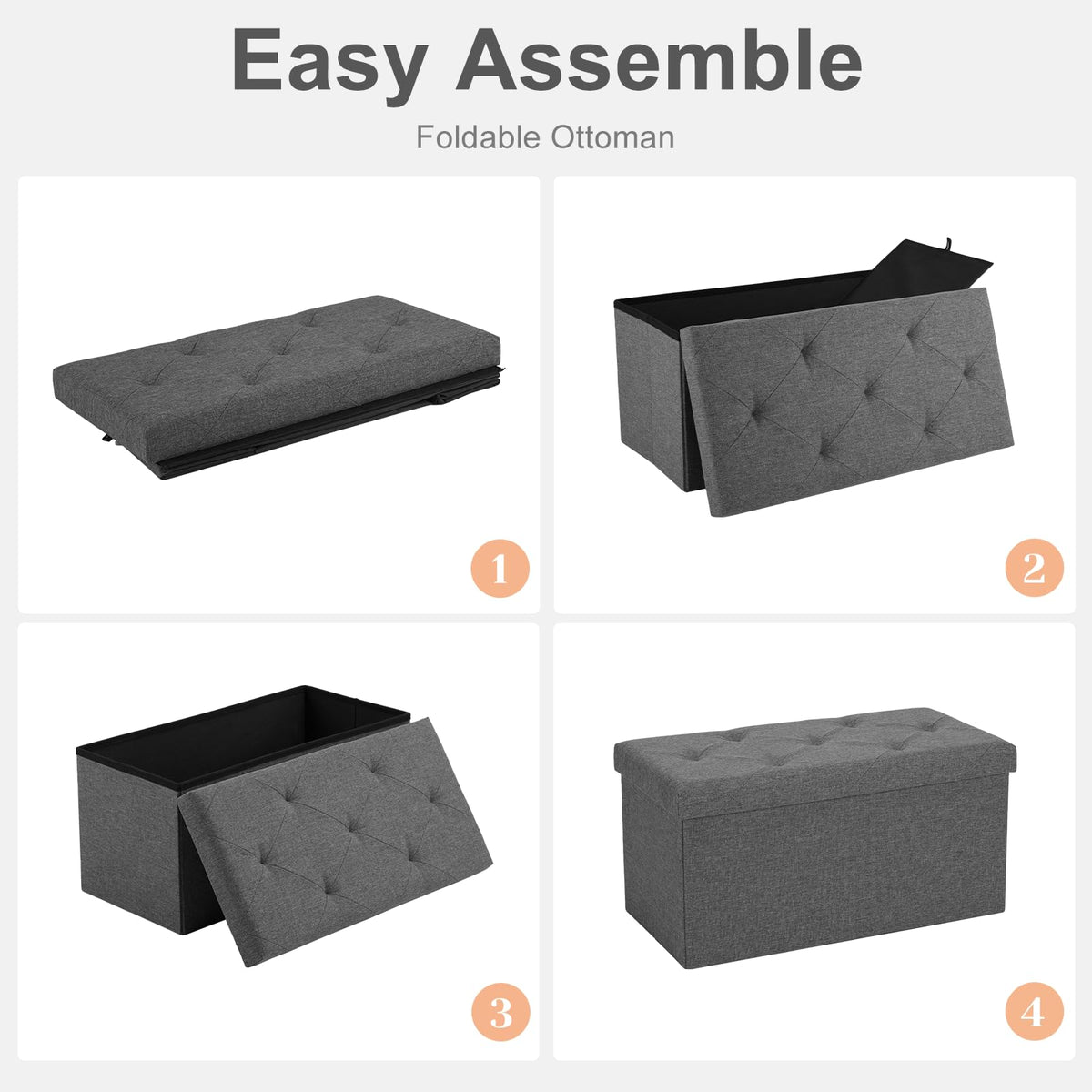 Linen Grey Storage Ottoman Bench, 30 Inch, Folding with Divider