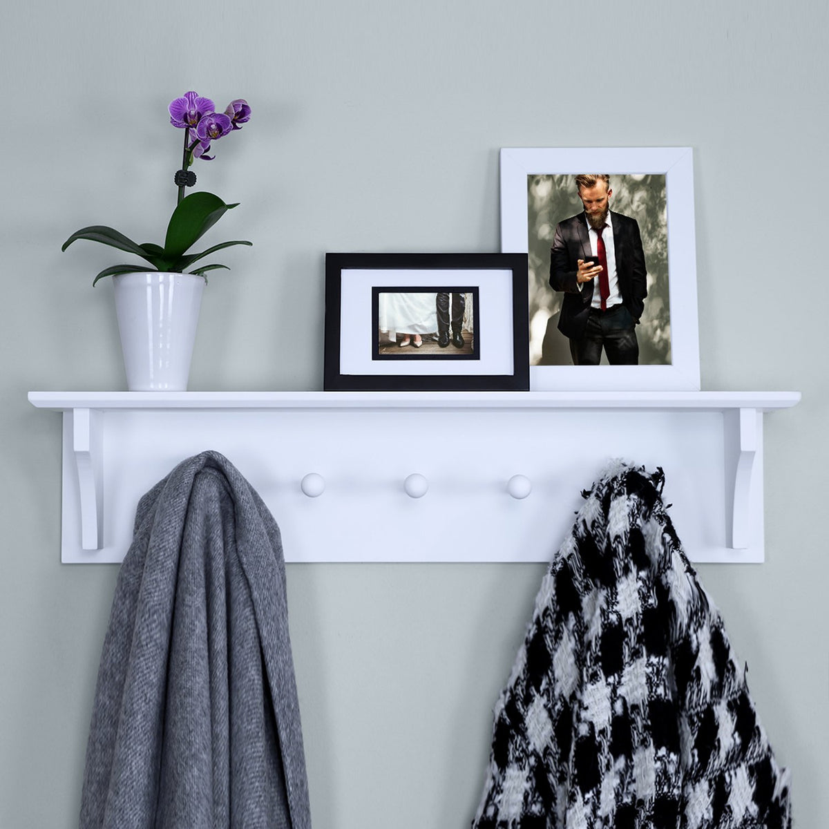 Wall Shelf with 5 Wooden Pegs, 24 Inch Coat and Hat Rack, White