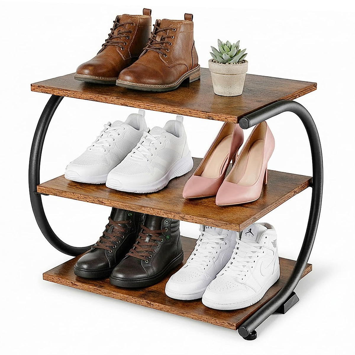 Small C-Shaped Shoe Rack, 3 Tier, 17 Inch Wide, Rustic Brown and Metal