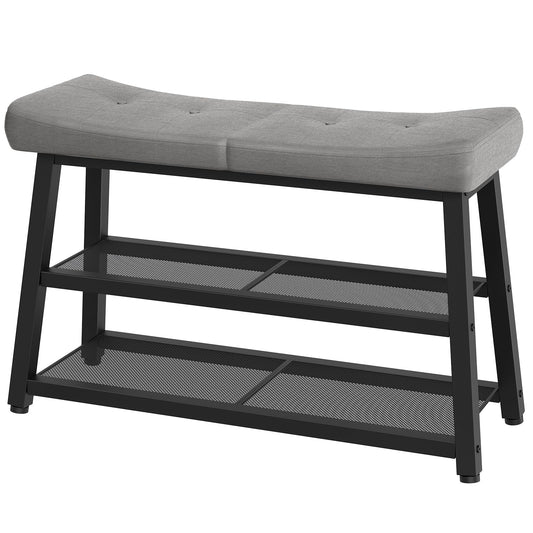 Upholstered Shoe Bench, 3 Tier, 29.5 Inch, Gray and Black Metal