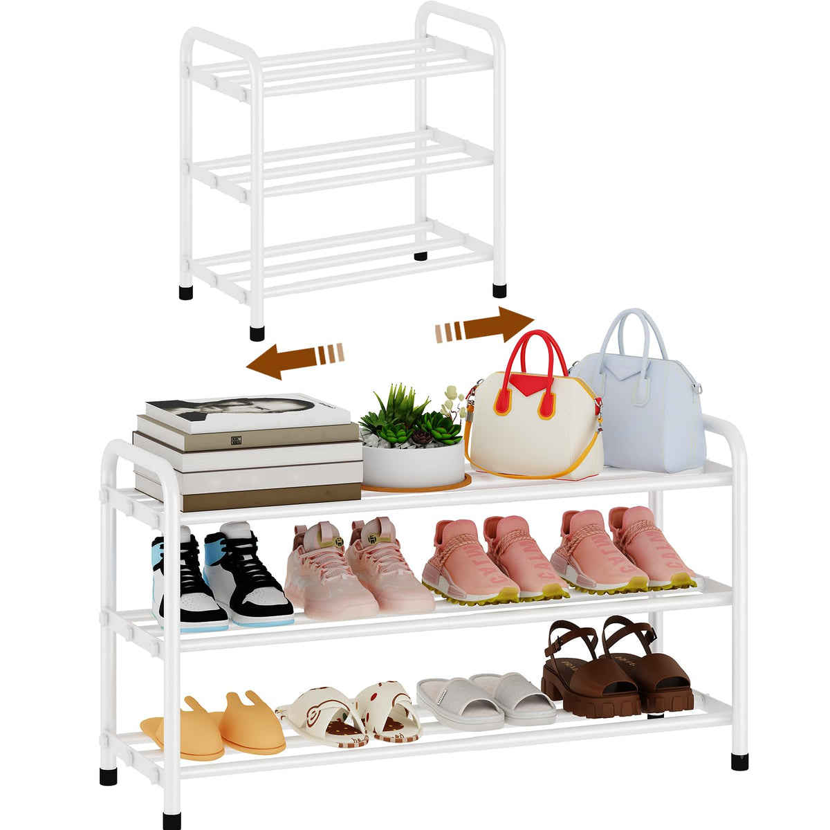 Expandable 3 Tier Shoe Rack, 17.7 to 31.5 Inch, White Metal