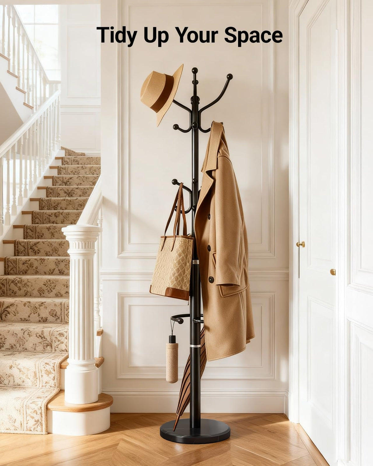 Black Metal Coat Rack with Marble Base, 16 Hooks and Umbrella Holder
