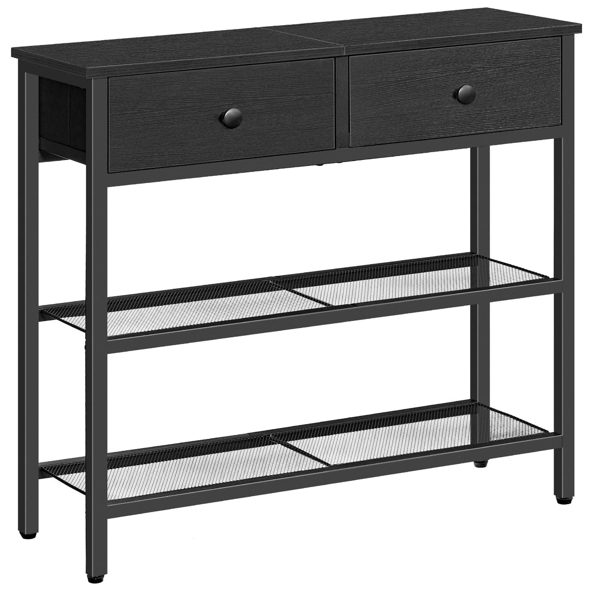 Black Narrow Console Table, 29.5 Inch, 2 Fabric Drawers and Shelves