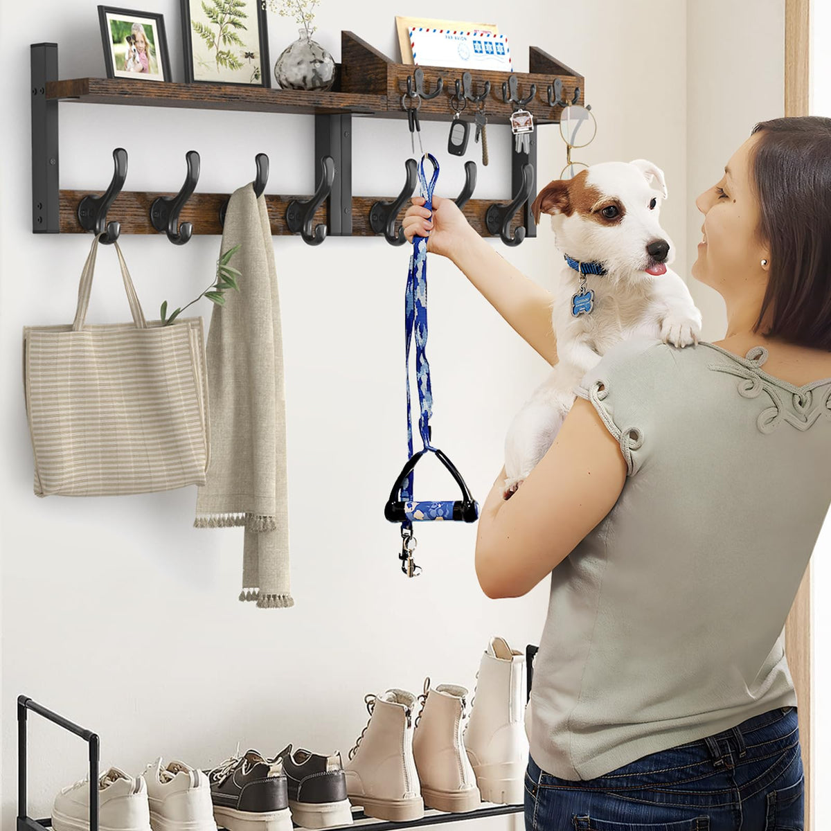 Wall Mounted Coat Rack with Shelf, 29 Inch, Rustic Brown Entryway Hooks
