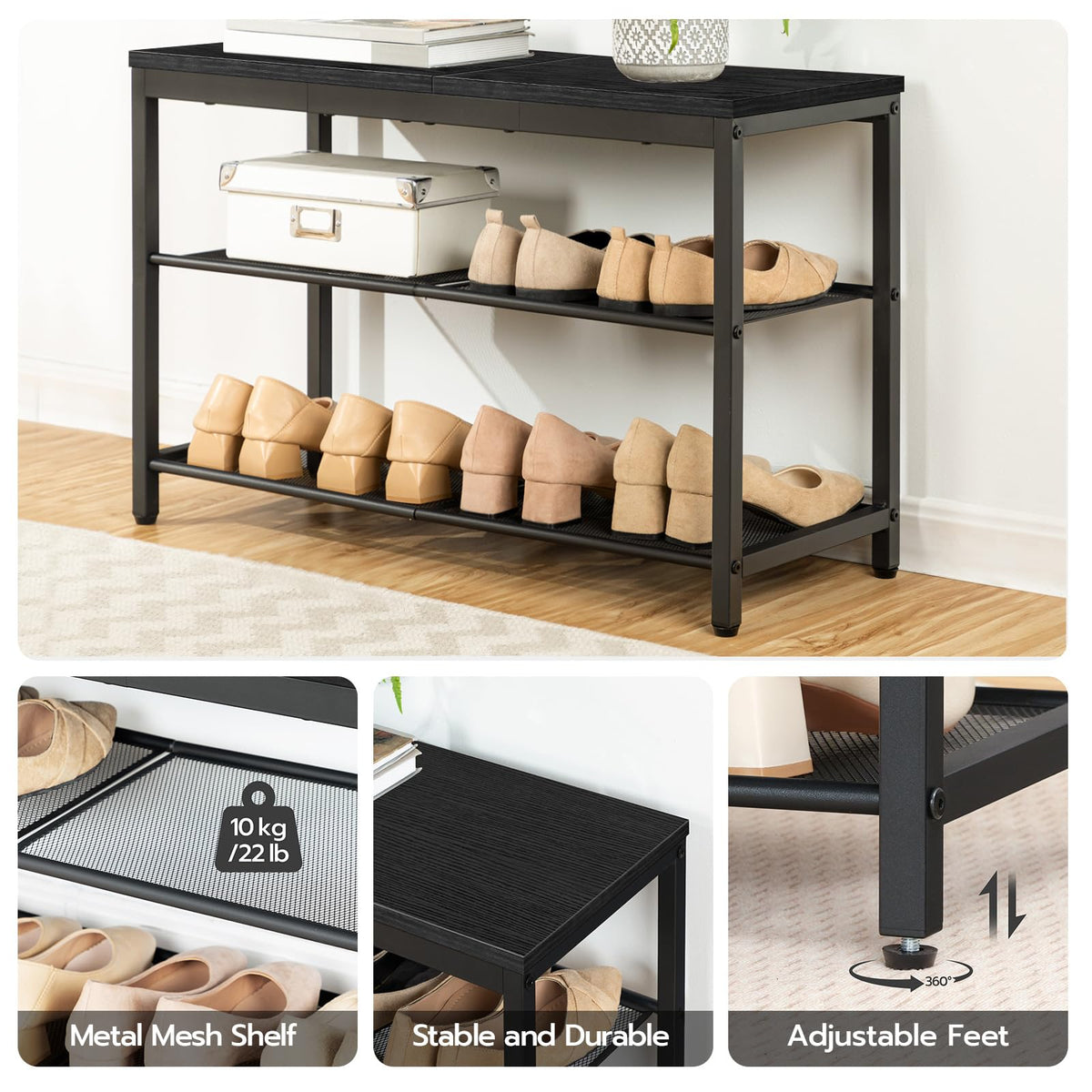 Industrial Shoe Bench, 3 Tier, Black, 29.5 Inch with Mesh Shelves