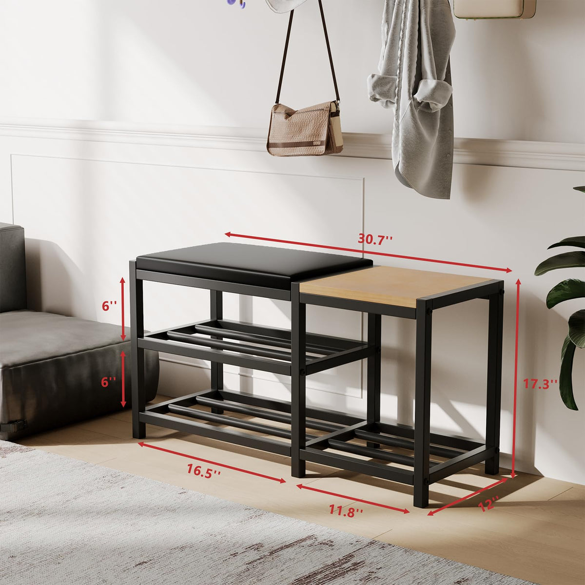Metal Shoe Bench with Cushion and Boot Rack, 30.7 Inch, Black