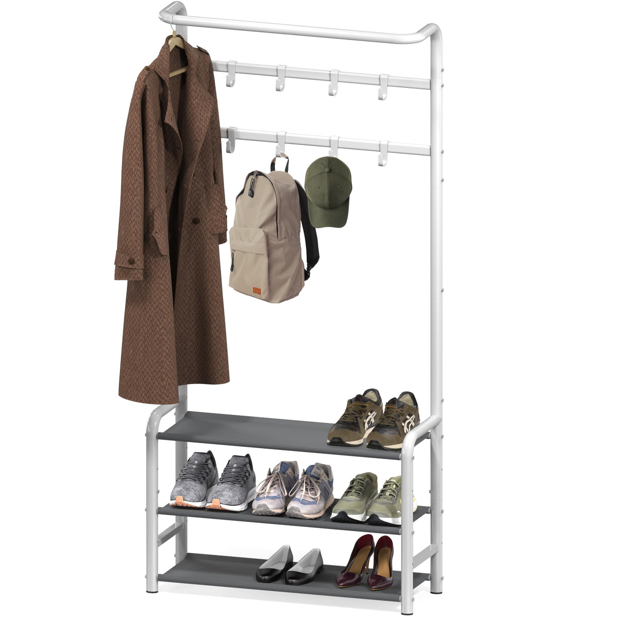 White Metal Hall Tree with Hanging Rod, Shelves and 8 Hooks