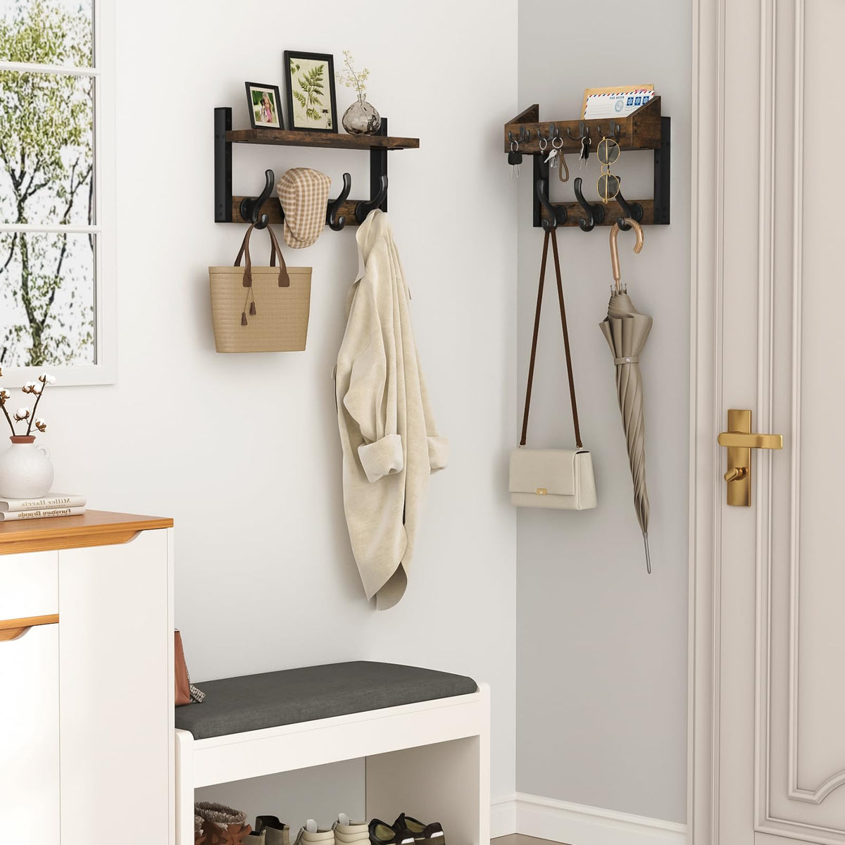 Wall Mounted Coat Rack with Shelf, 29 Inch, Rustic Brown Entryway Hooks