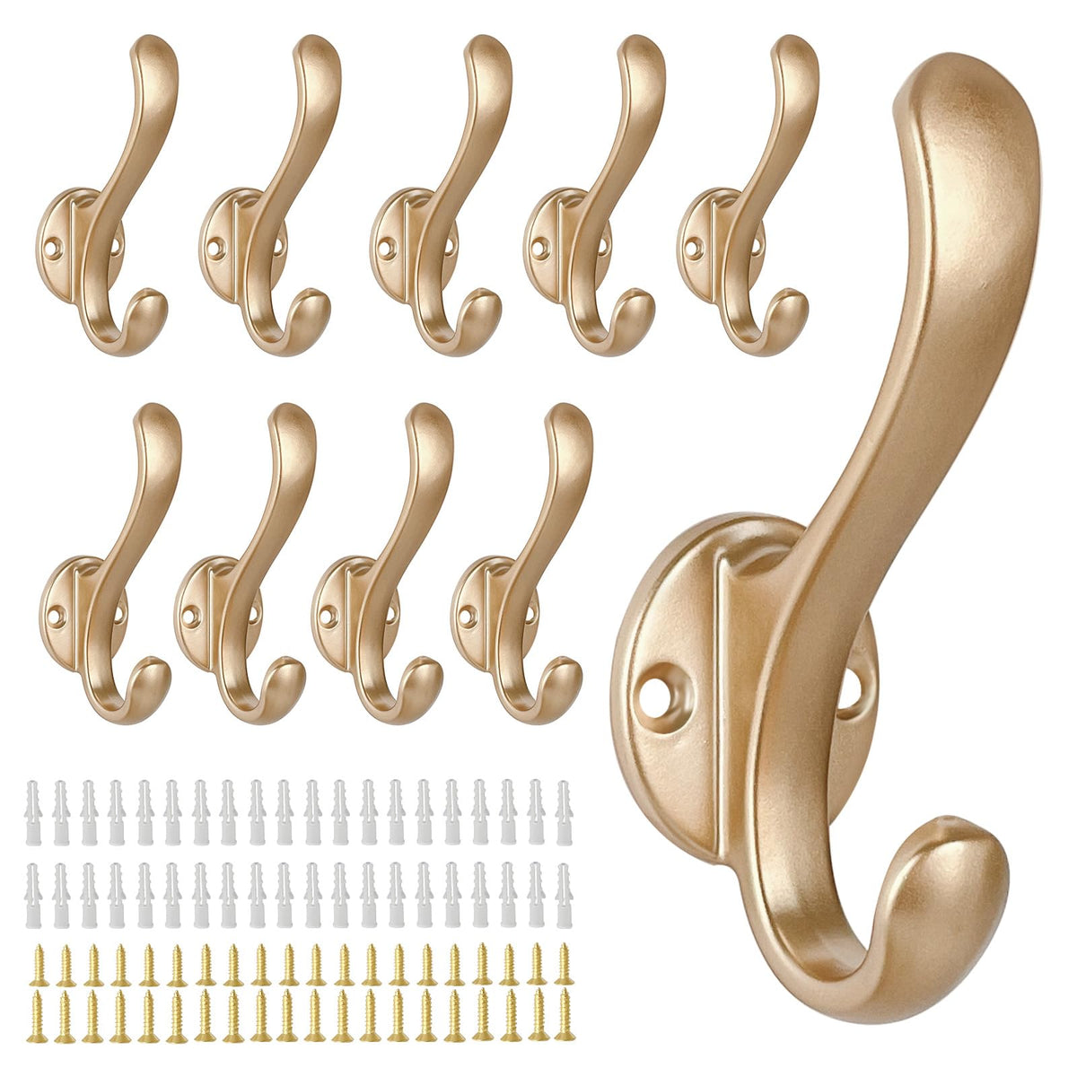 Gold Double Coat Hooks, 10 Pack, Retro Aluminum Wall Hooks with Screws