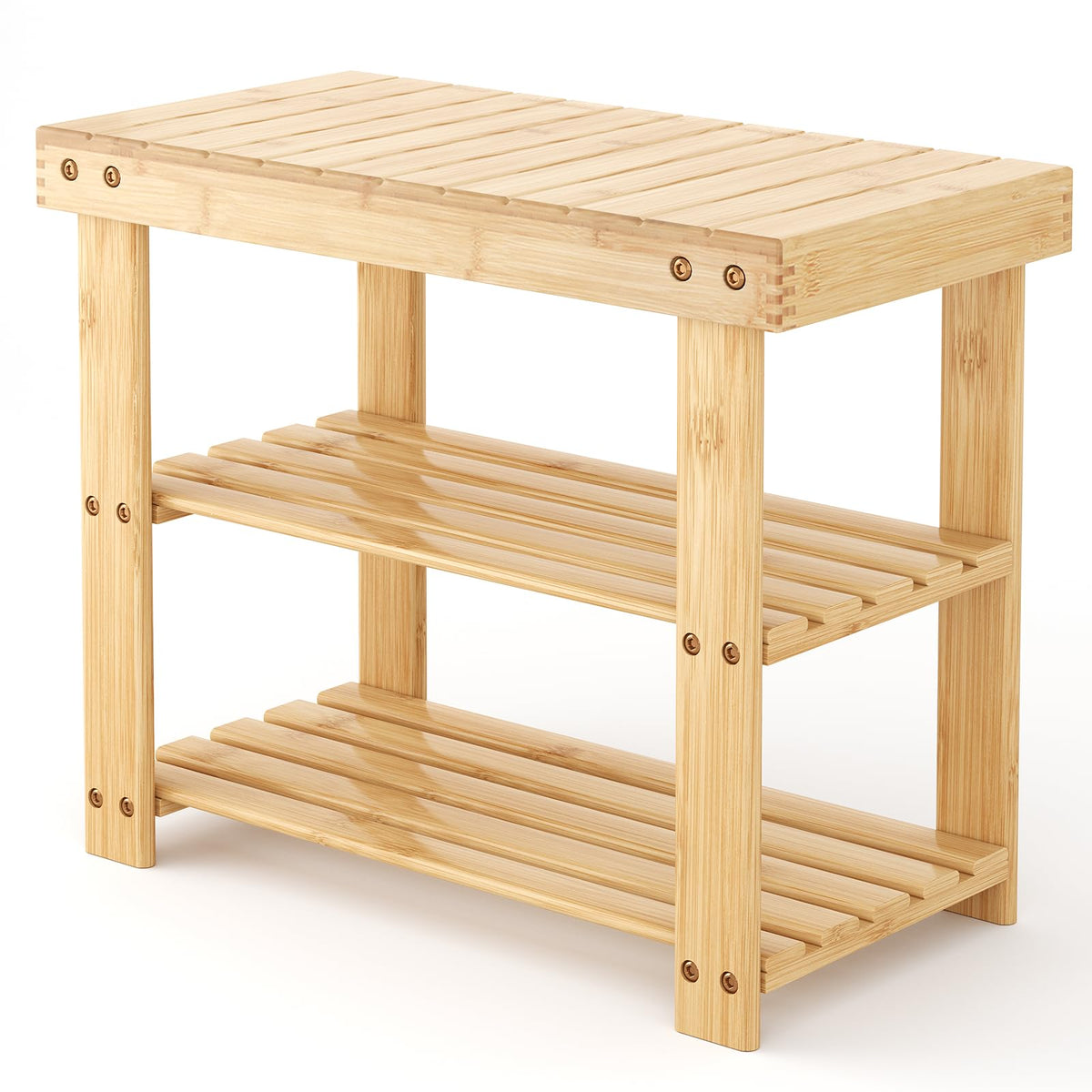 Compact Natural Bamboo Shoe Rack Bench, 3 Tier, 19.7 Inch