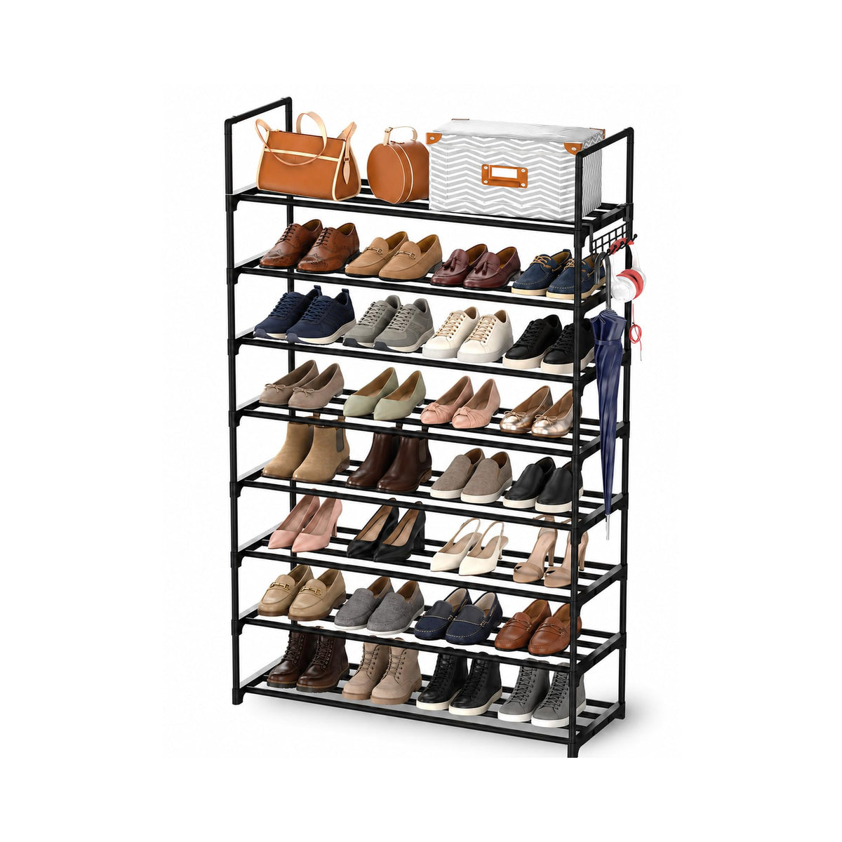 8 Tier Black Metal Shoe Rack with Side Hooks, Holds Up to 32 Pairs