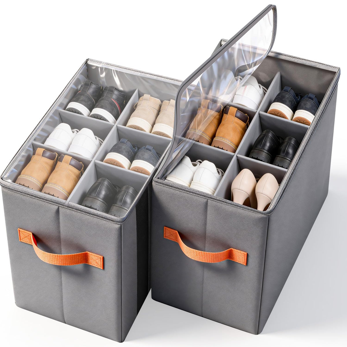 Shoe Storage Bins with Charcoal Lining, 2 Pack, Holds 16 Pairs, Grey