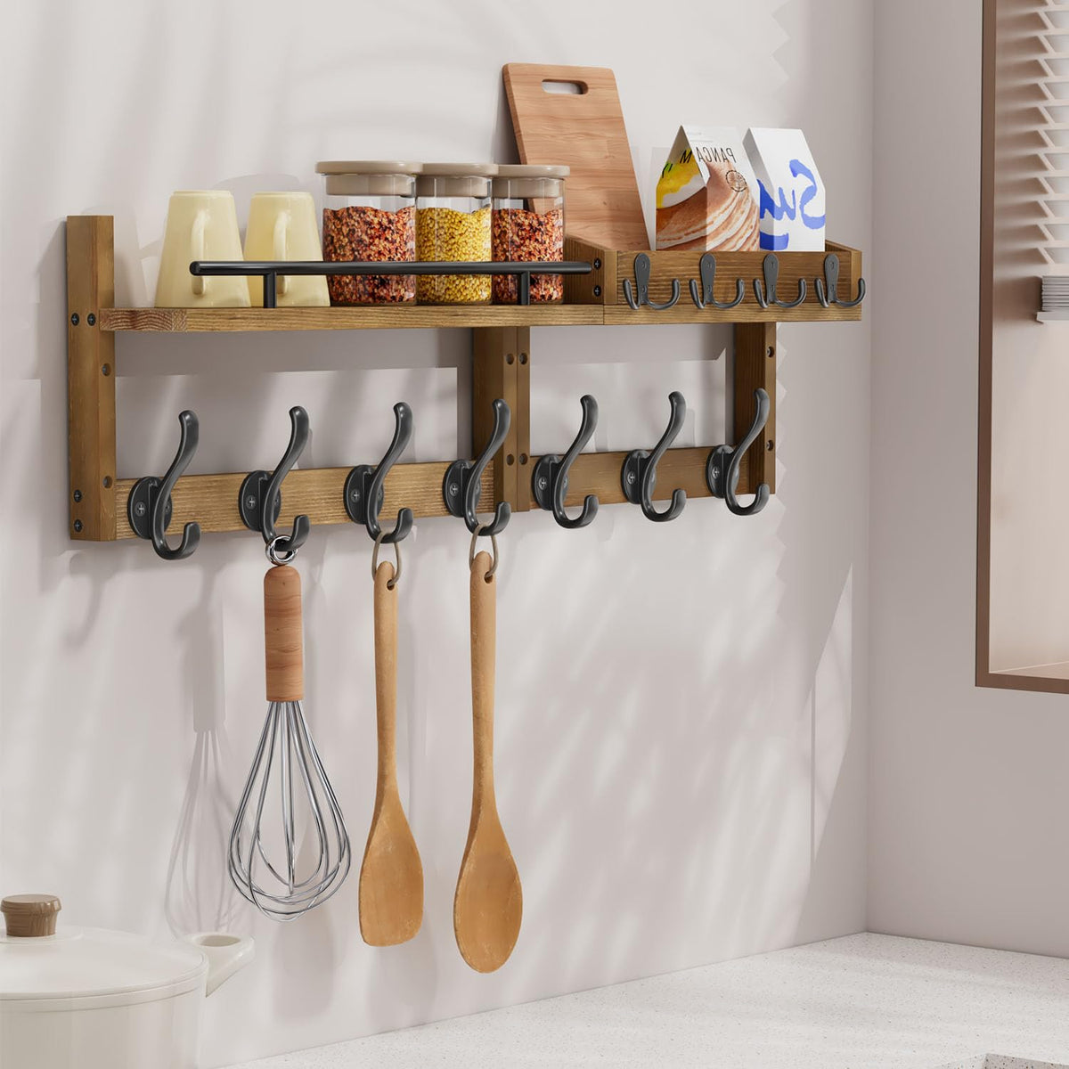 29 Inch Wall Coat Rack with Shelf, 7 Hooks and 4 Key Hooks, Brown