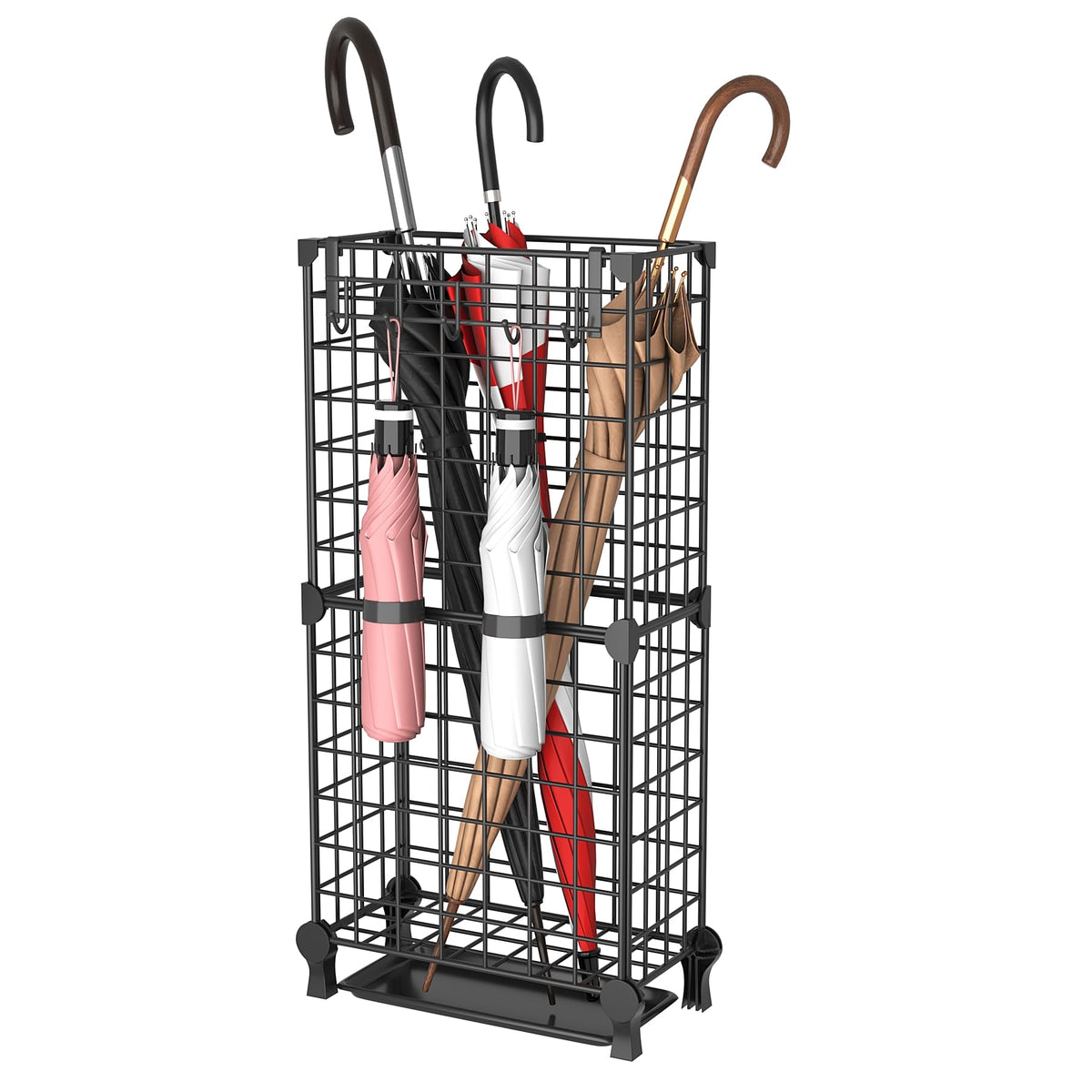Black Metal Umbrella Stand with Drip Tray and Side Hooks