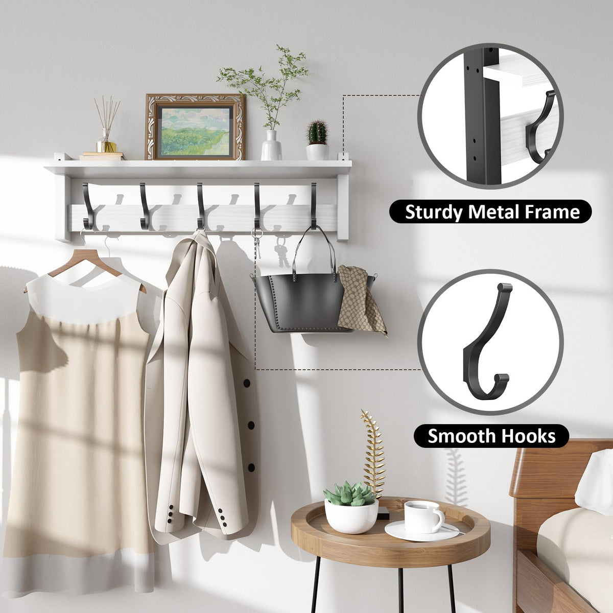 24 Inch Entryway Coat Hook Shelf, 5 Hooks, White Wood Wall Rack