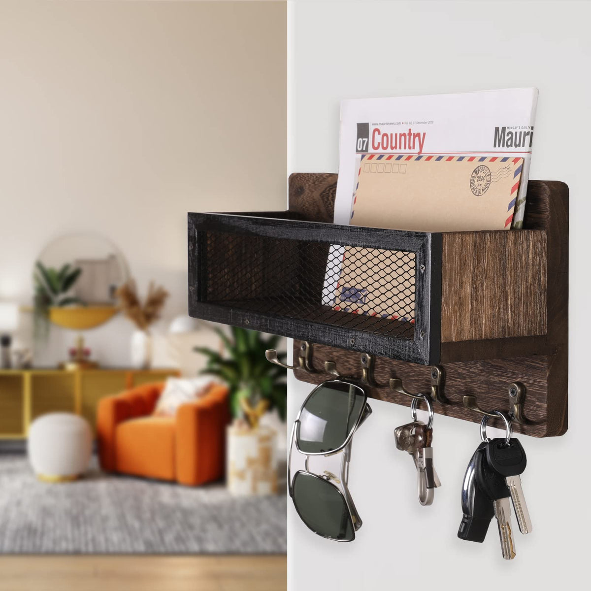 Wood Mail and Key Holder with 4 Double Hooks, Rustic Brown