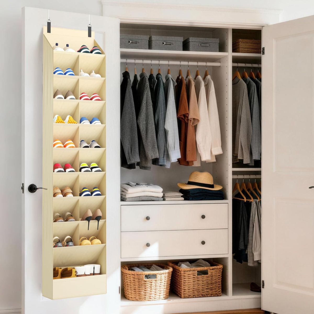 Beige Over the Door Shoe Organizer, 10 Tier for 20 Pairs