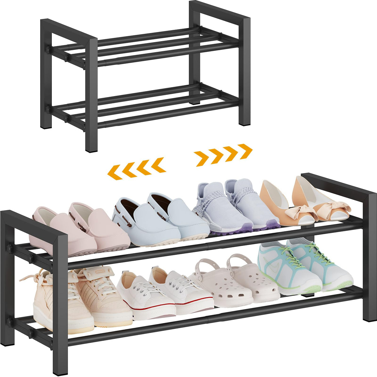2 Tier Expandable Shoe Rack, Adjustable 17.5 to 30.7 Inch, Black Metal