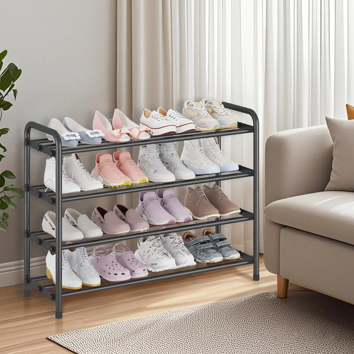 Adjustable Width Shoe Rack, 4 Tier Black Stainless Steel Organizer