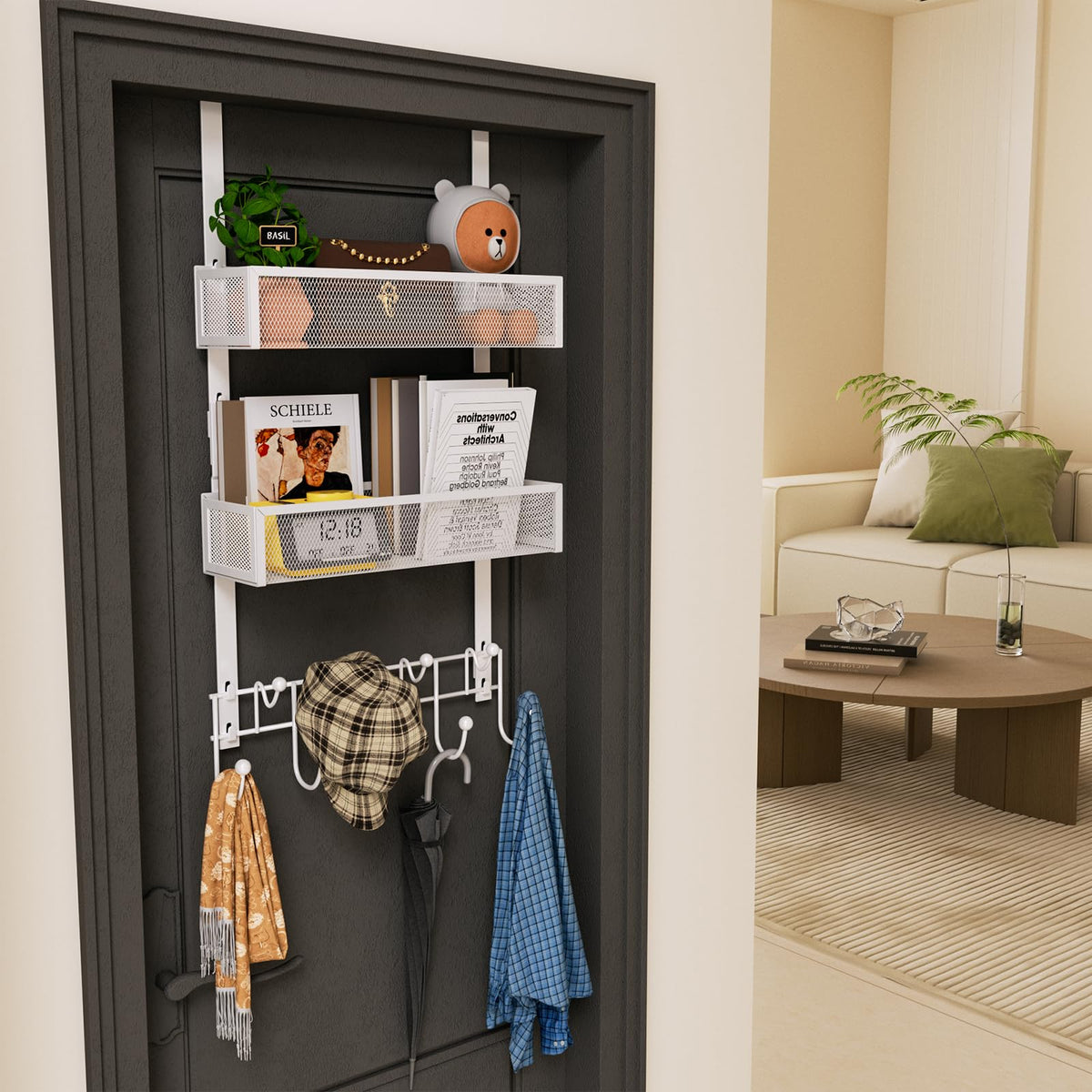 White Over Door Coat Hook Organizer with 2 Baskets and 9 Hooks