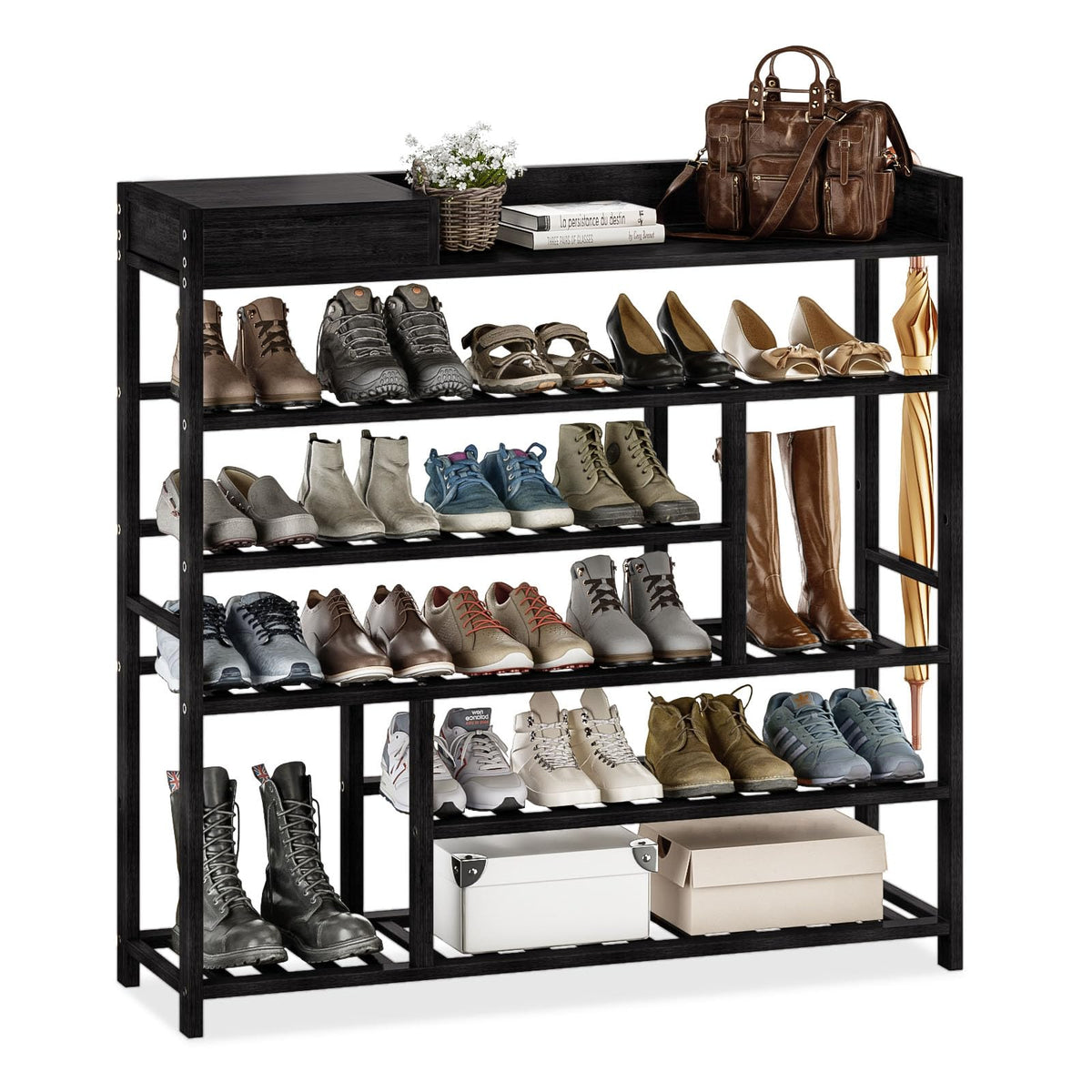 Tall Black Bamboo Shoe Rack with Top Drawer, Holds 24 to 30 Pairs