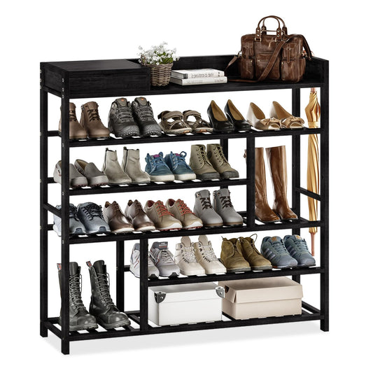 Tall Black Bamboo Shoe Rack with Top Drawer, Holds 24 to 30 Pairs