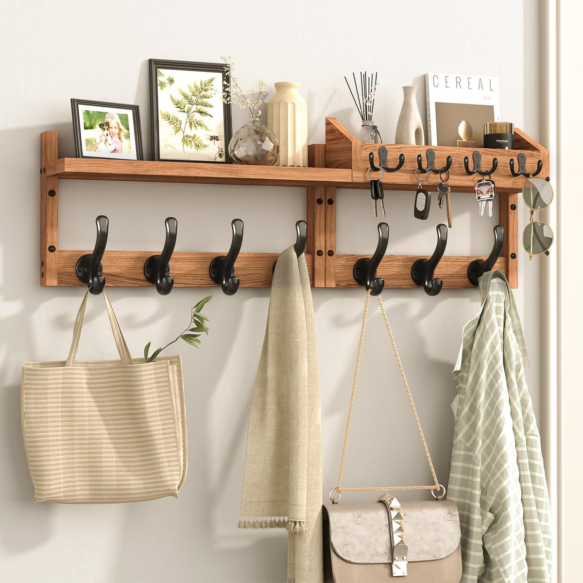 29 Inch Wall Mounted Coat Rack with Shelf and 11 Hooks for Entryway, Brown
