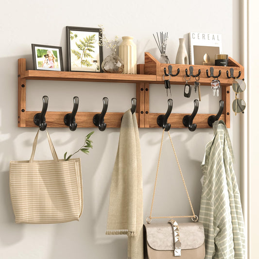 29 Inch Wall Mounted Coat Rack with Shelf and 11 Hooks for Entryway, Brown