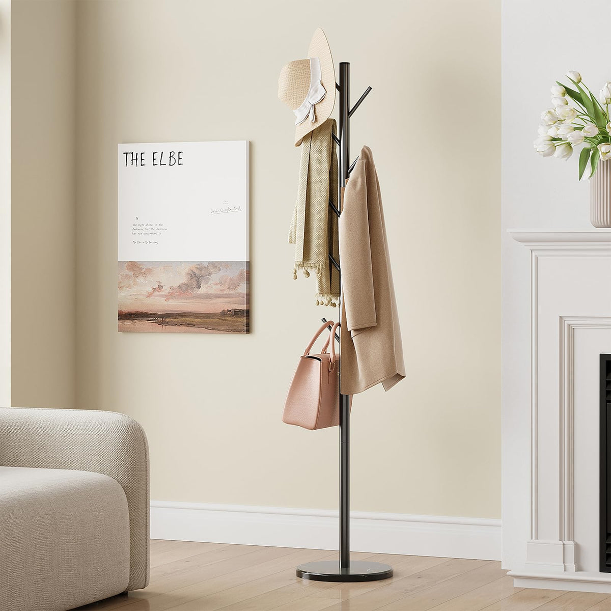 Adjustable Height Coat Stand with 10 Hooks, 11 Inch Marble Base, Black