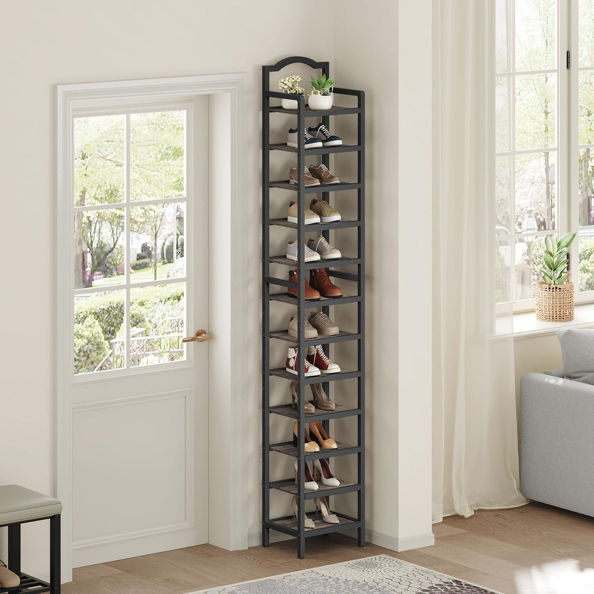 12 Tier Tall Shoe Rack, Vertical Wood Tower, Charcoal Gray and Black