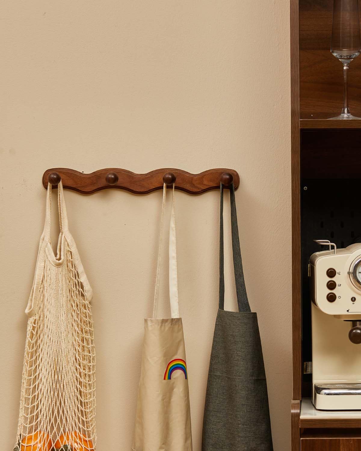 Walnut Wood Wall Hook Rack with 4 Rounded Hooks for Coats and Towels