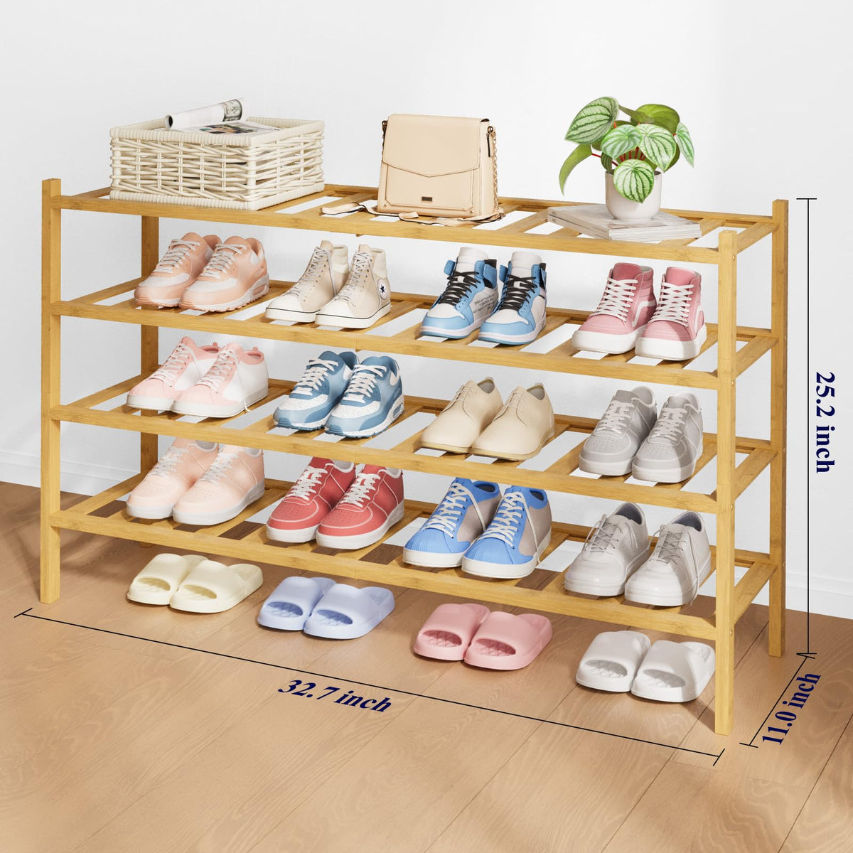 Natural Bamboo Shoe Organizer, 4 Tiers, 32.7 Inch Wide